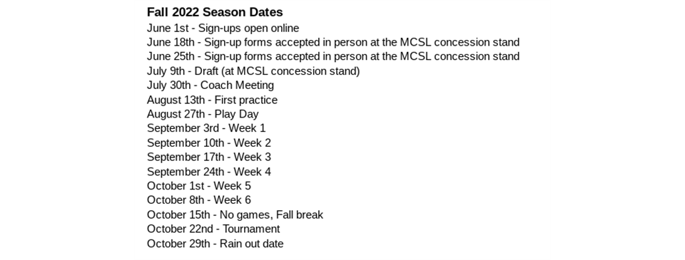 Fall 2022 Season Dates
